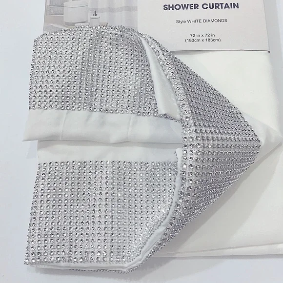 White Diamonds Shower Curtain Fabric Sparkling Rhinestones 72” x 72” White - Picture 2 of 14